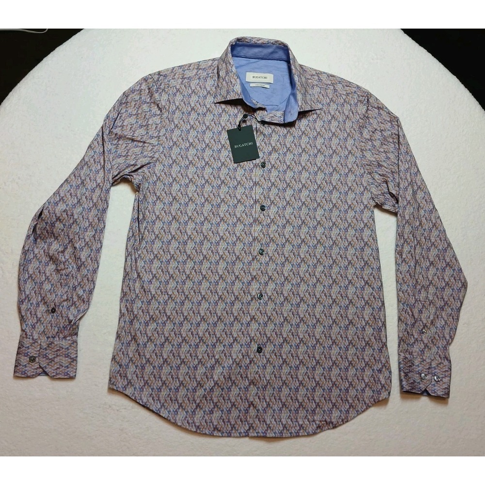 BUGATCHI NWT $199 OoohCotton Shirt Mens M Medium Geometric Diamond Print Stretch